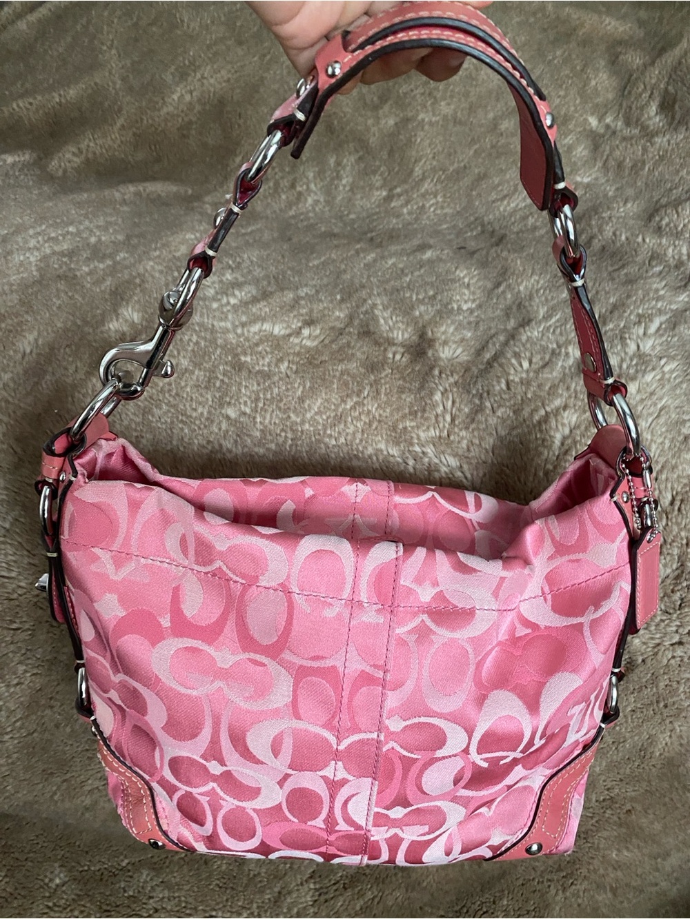 Coach Pink Signature Canvas Hobo Shoulder Bag with Chain-Link Strap